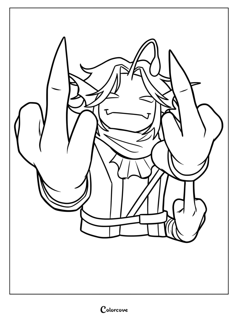 Coloriage de Sebastian Solace représentant le marchand de Roblox Pressure faisant un doigt d'honneur avec plusieurs mains dans un style d'illustration fait par un fan.