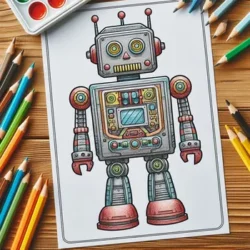 Coloring page featuring a detailed robot with colored pencils and a watercolor set on a wooden table.