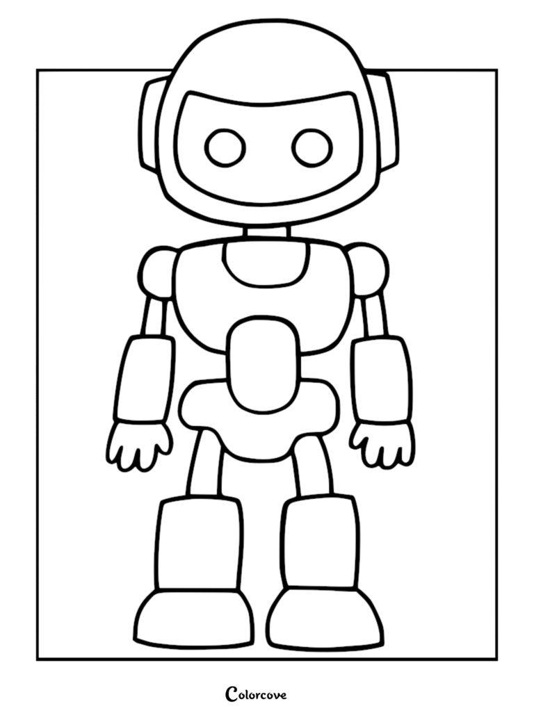 A simple line art robot coloring page featuring a rounded head, circular eyes, and blocky limbs standing in a frame.
