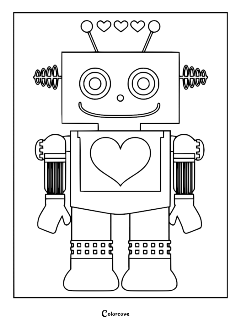 A friendly robot coloring page featuring a heart on its chest, heart-shaped antenna, and coil ears.
