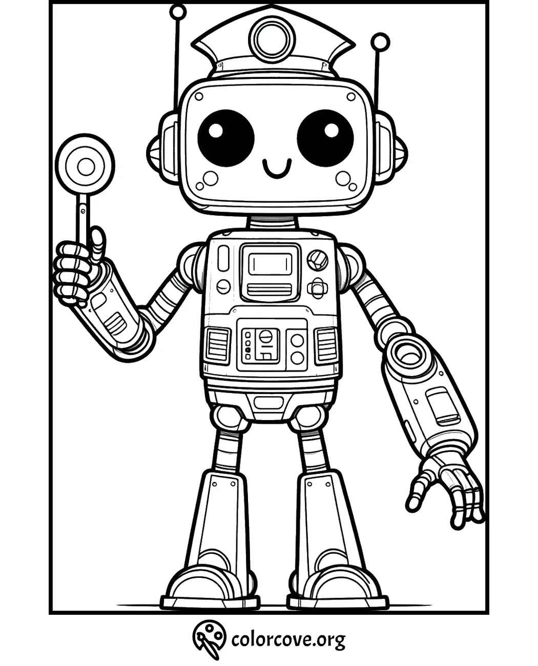 Cute robot coloring page with big eyes and antenna holding a magnifying glass, available at colorcove.org.