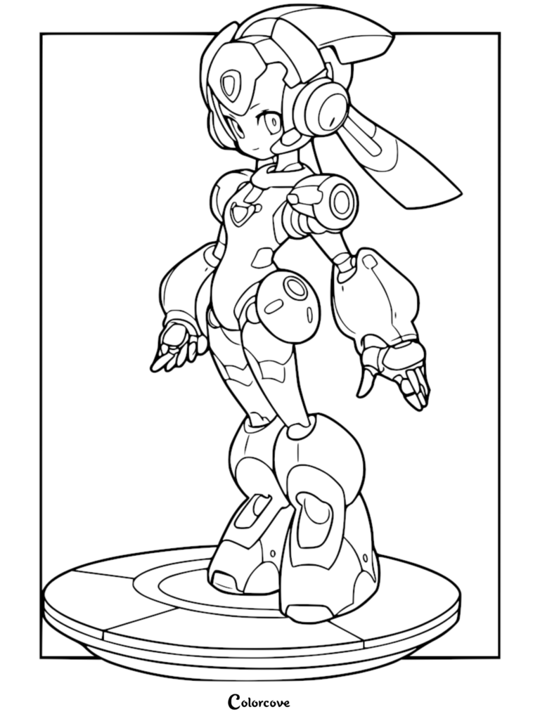 Mega Man X standing on a circular platform in this detailed robot coloring page.