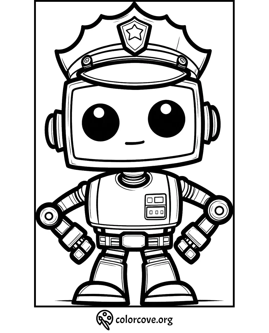 Coloring page of a cute robot wearing a police hat, available at colorcove.org for kids to color and enjoy.