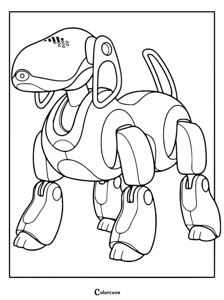 A detailed line art coloring page of a robotic dog with large ears and a digital sensor head, standing in a simple pose.