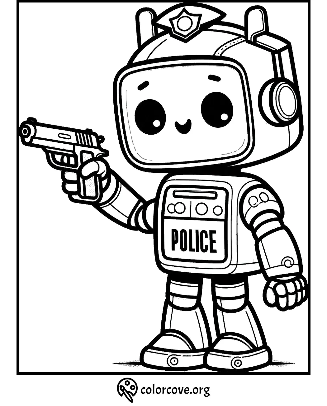 Coloring page of a cute police robot holding a gun, perfect for kids to color and explore imaginative law enforcement scenes.