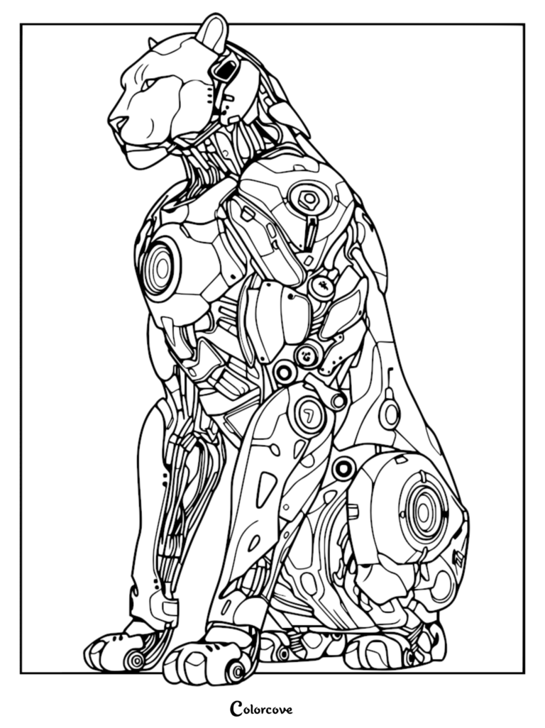 A detailed coloring page of a mechanical cybernetic panther robot sitting in profile with intricate robotic plating and circuitry.