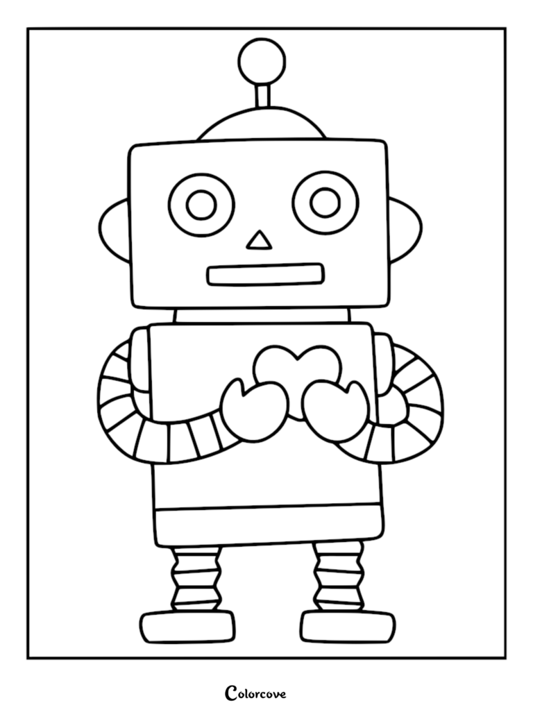 A simple line art coloring page featuring a friendly robot with an antenna holding a heart shape in its hands.