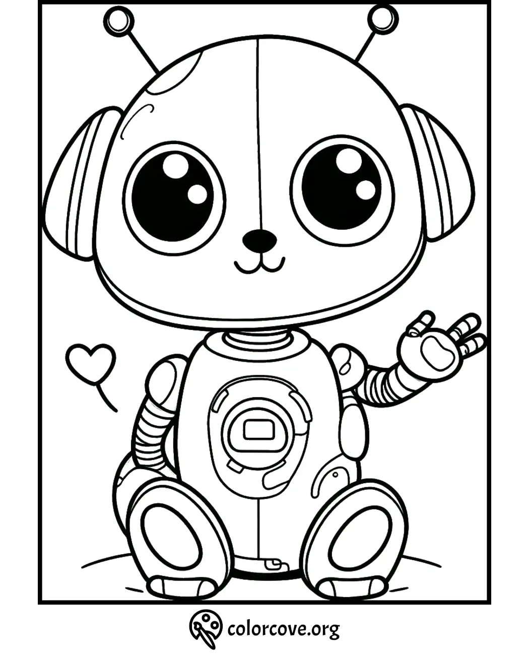 Cute robot coloring page with big eyes, antennas, and a heart. Perfect for kids and creativity. Download at colorcove.org.