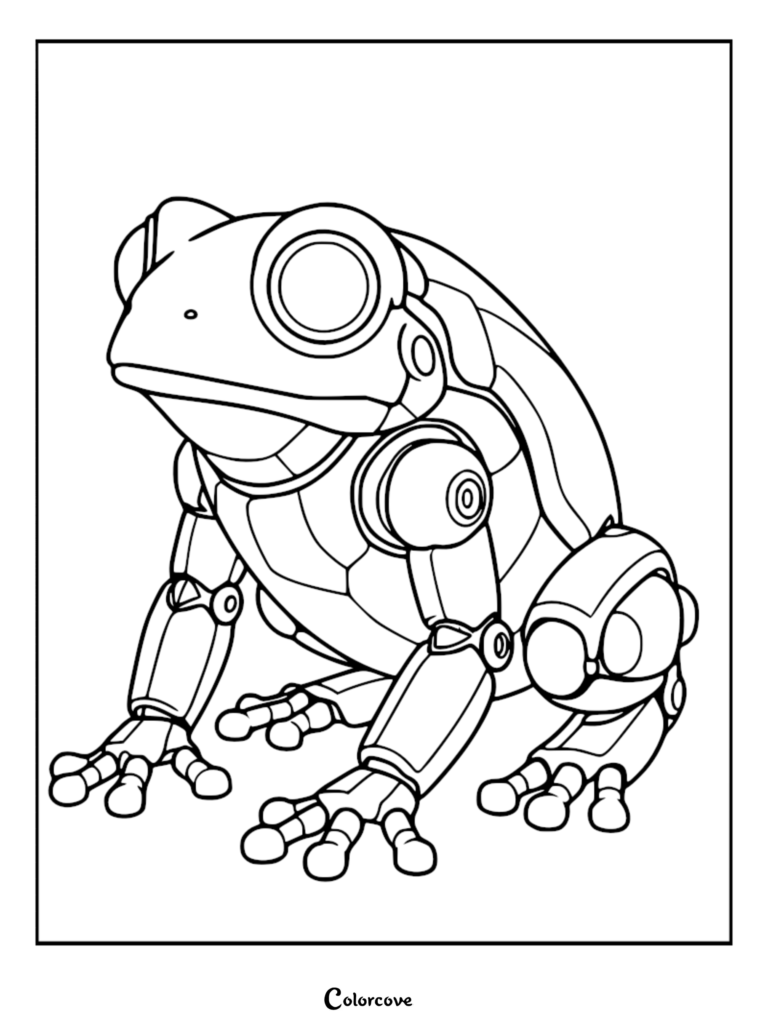A detailed line art coloring page of a mechanical robot frog with segmented limbs and circular eye lenses.