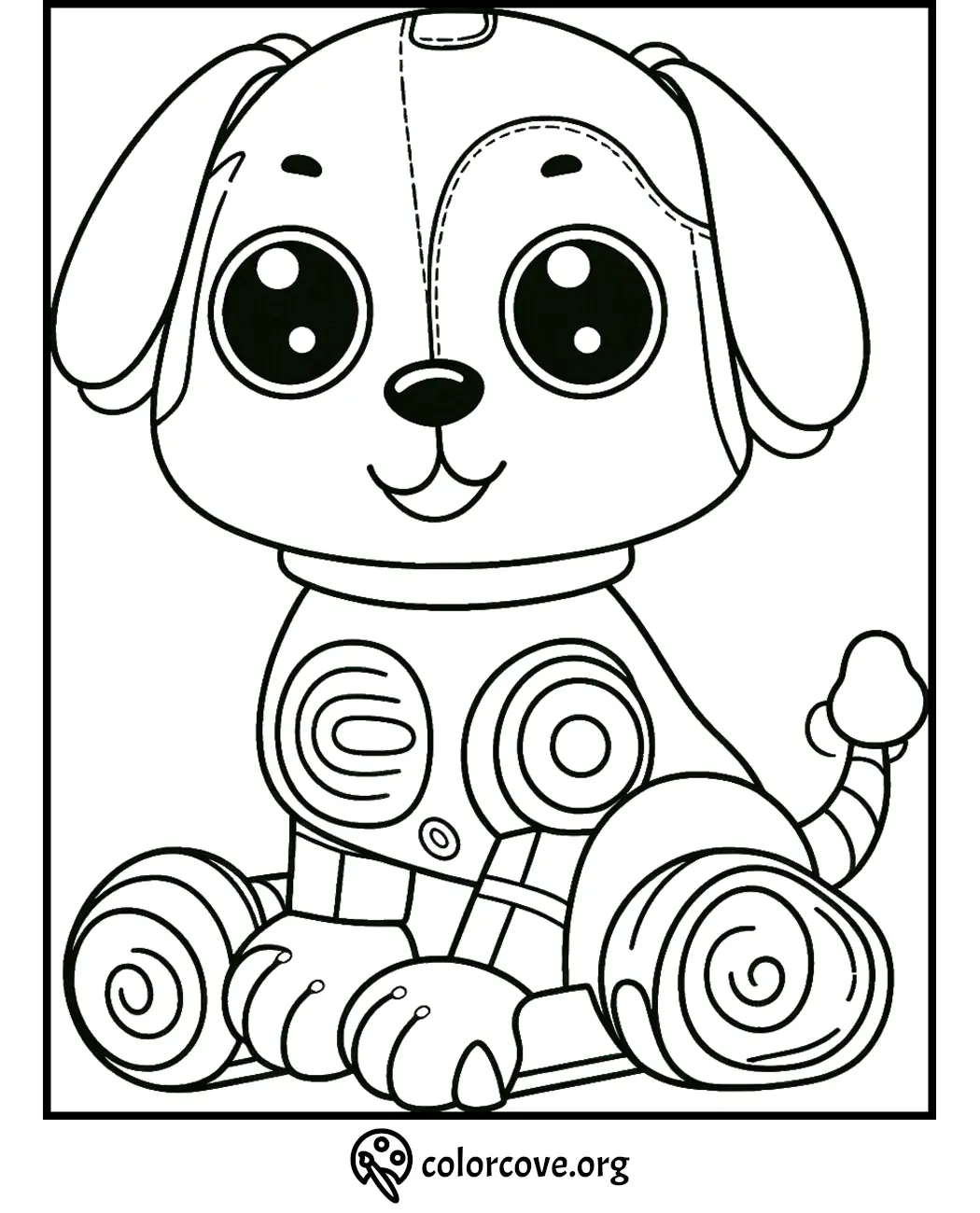 Cute puppy coloring page featuring a sitting dog with big eyes and intricate patterns, perfect for kids' creative fun.