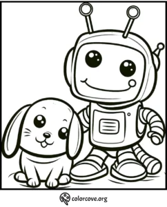 Robot and dog coloring page for kids – cute robot and puppy illustration to color. Perfect kids’ activity.