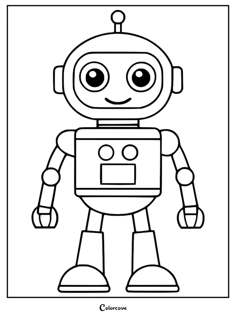 A simple line art coloring page featuring a friendly robot with a round head, antenna, and large expressive eyes.
