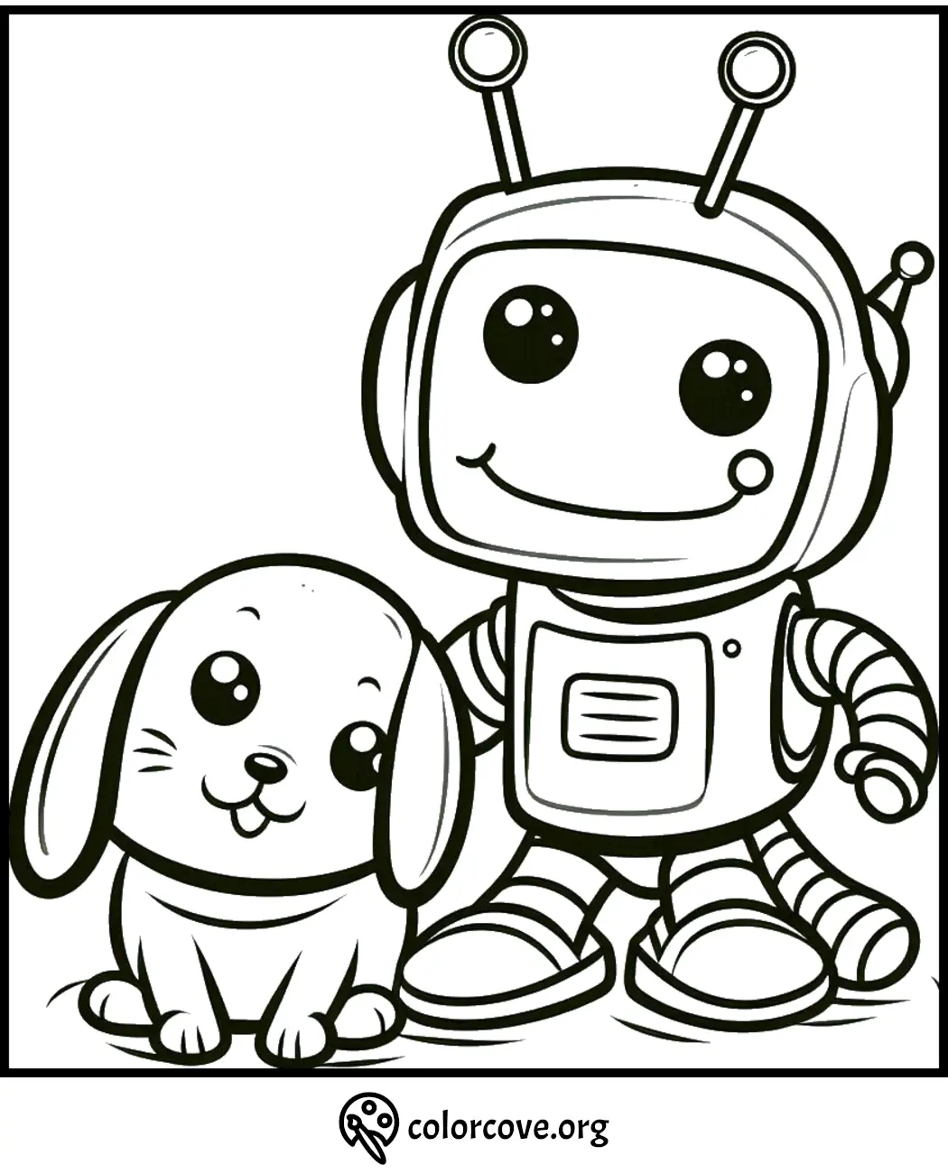 Robot and dog coloring page for kids – cute robot and puppy illustration to color. Perfect kids’ activity.