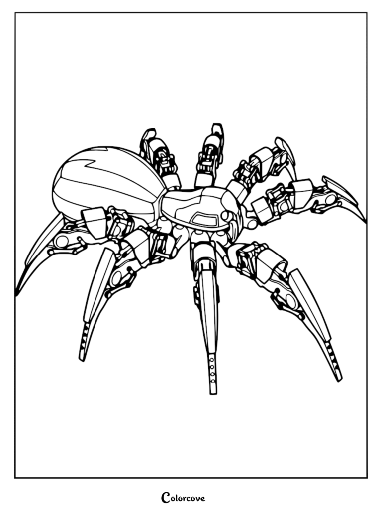 A detailed mechanical spider robot with segmented metal legs and a large rounded abdomen, presented as a printable coloring page.