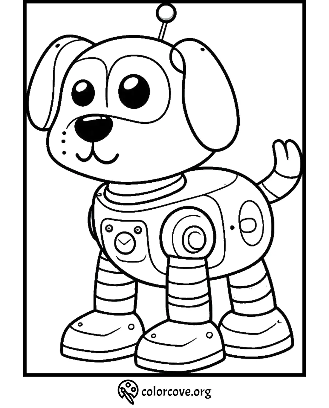 Cute robot dog coloring page for kids featuring an adorable robotic puppy with large eyes and antenna.