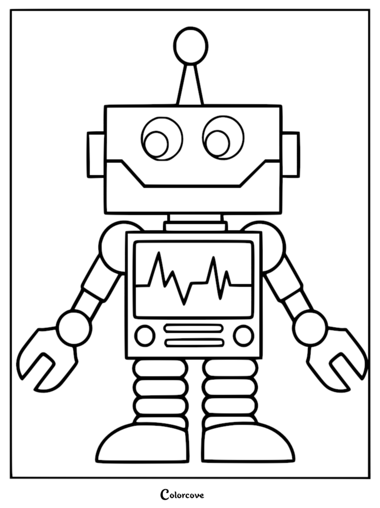 A simple line art coloring page of a friendly robot featuring a square head, antenna, and a chest screen displaying a heartbeat monitor line.