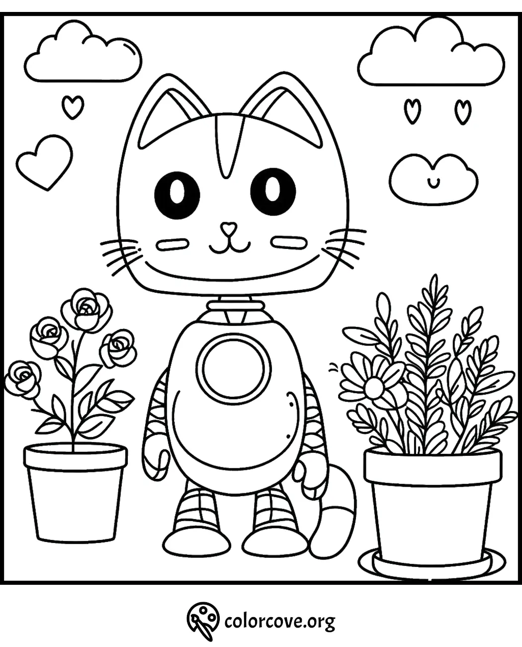 Cute cat astronaut coloring page with flowers, clouds, and hearts - perfect for kids' creative coloring time.