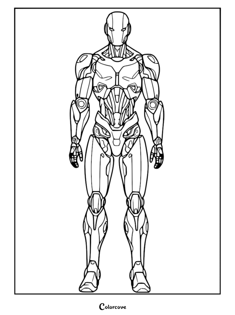 A detailed line art coloring page of a sleek, futuristic humanoid robot standing in a neutral pose with complex mechanical armor plating.