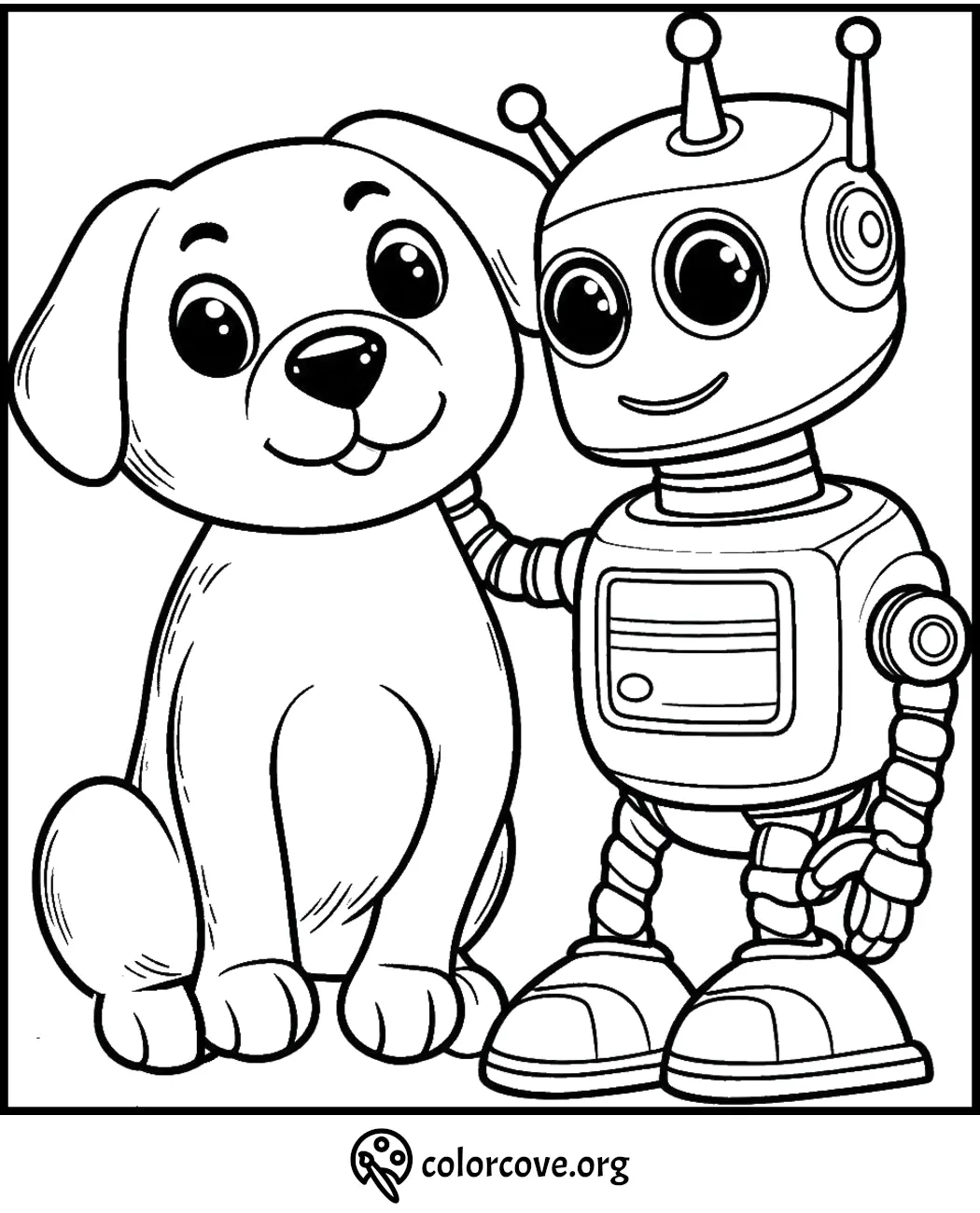 Cute coloring page featuring a playful robot and a friendly puppy, perfect for kids' creativity and fun.