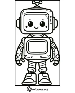 Cute robot coloring page for kids with a friendly face, perfect for young artists. Free printable from colorcove.org.