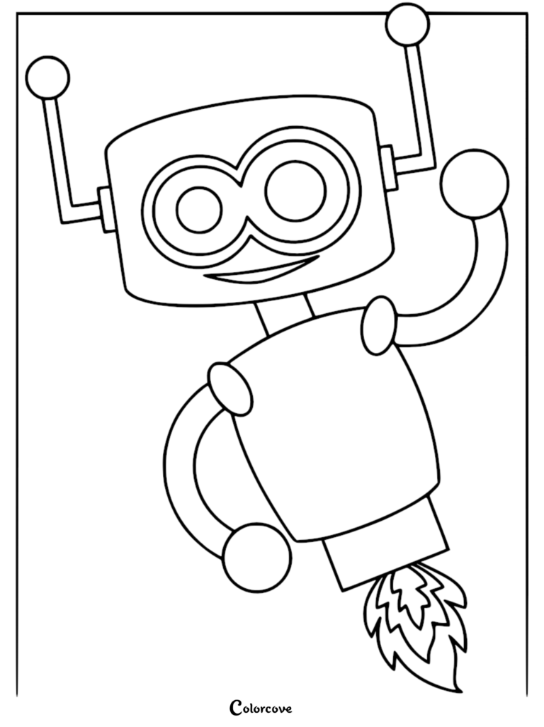 A friendly robot with infinity-shaped eyes and antenna waving while flying with rocket boosters in this printable coloring page.