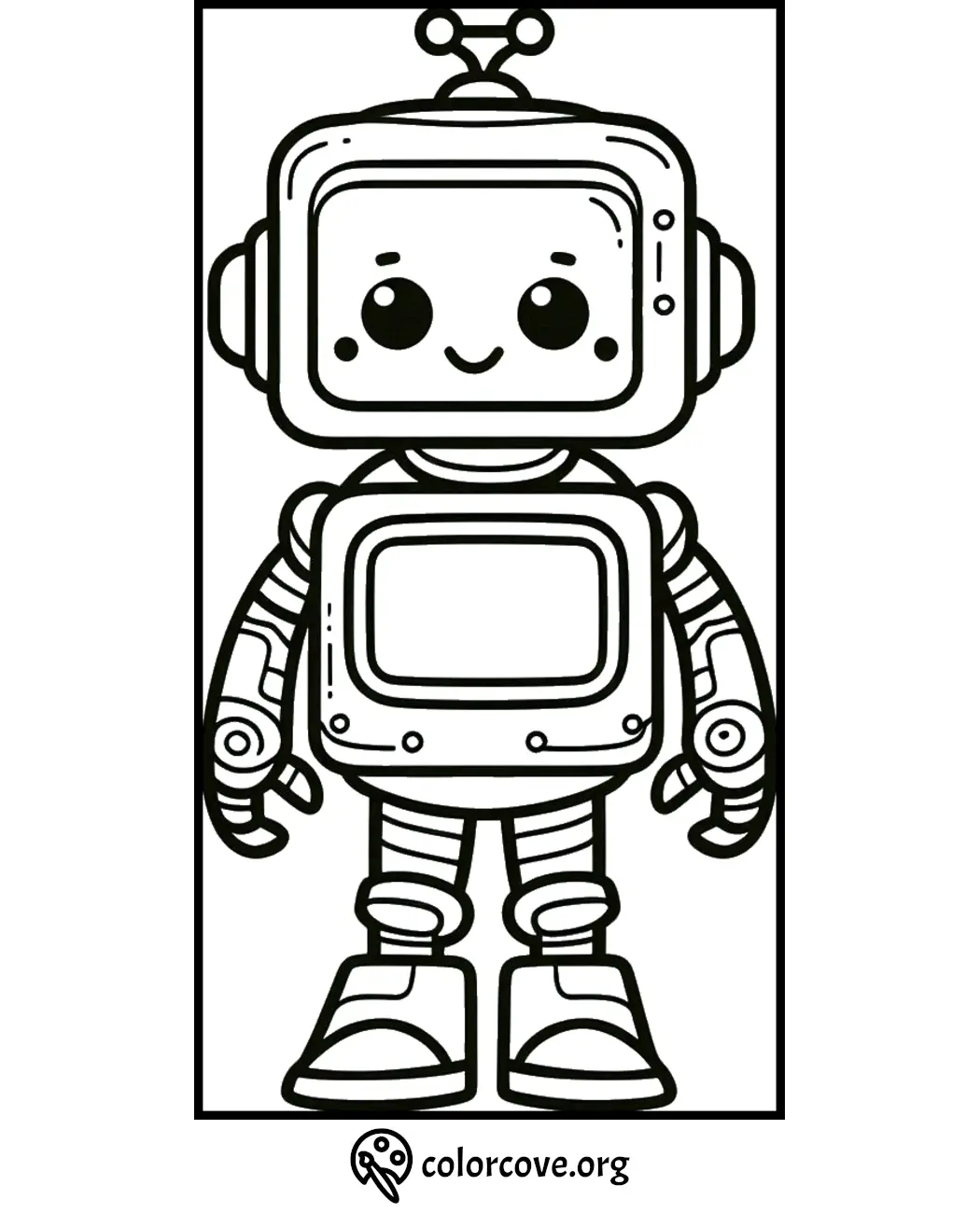 Cute robot coloring page for kids with a friendly face, perfect for young artists. Free printable from colorcove.org.