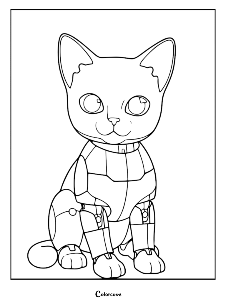 A cute robot cat with mechanical plating and large eyes in a line art coloring page style.