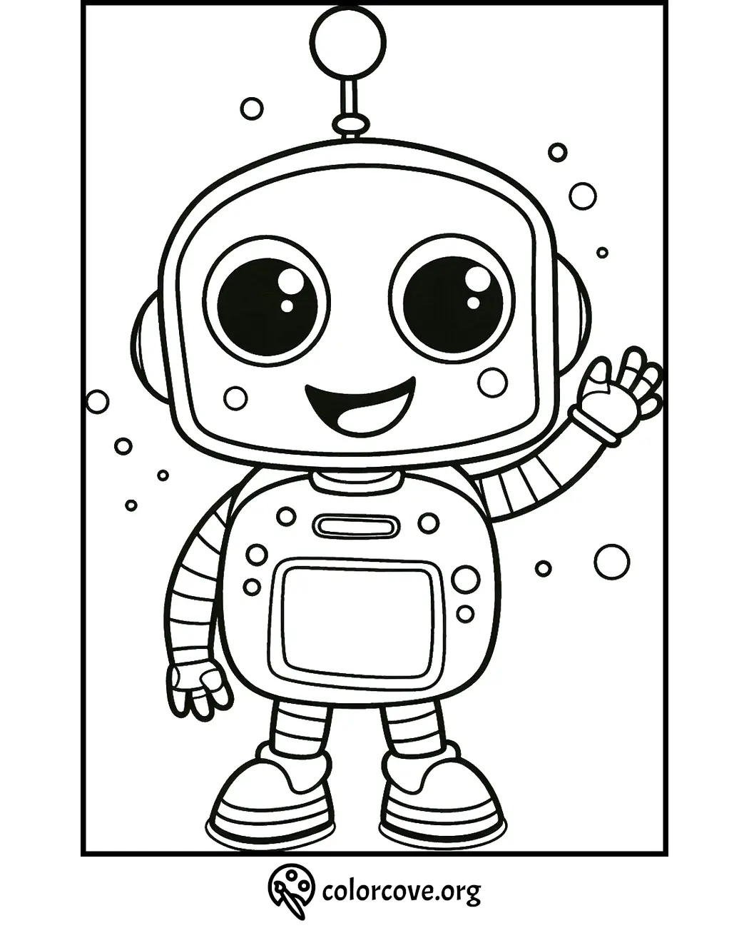 Cute robot coloring page for kids with big eyes, smile, and wave. Download and print from colorcove.org for fun activities.