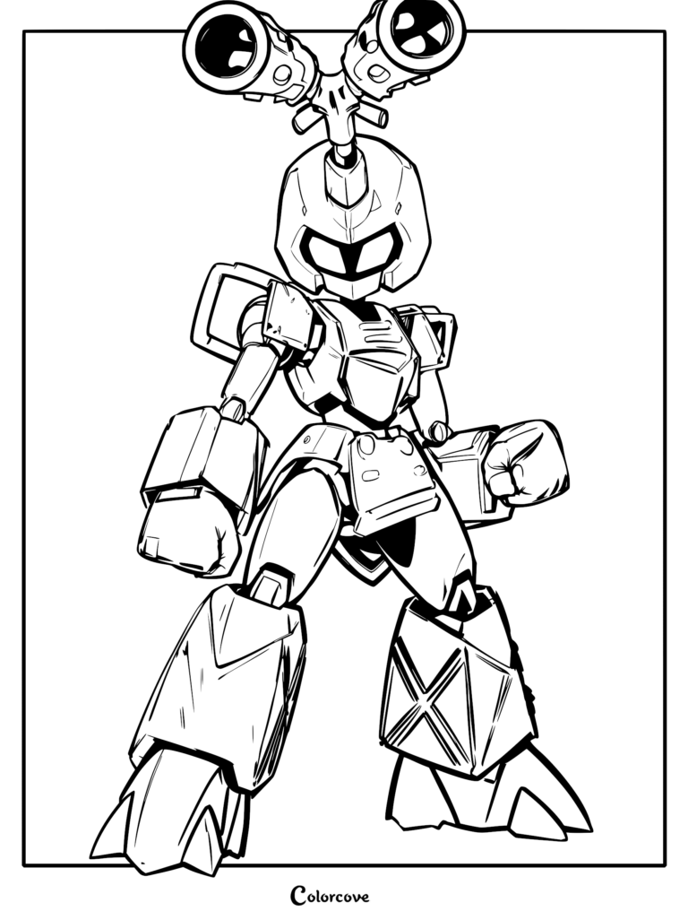 Line art coloring page of Metabee from Medarot featuring his iconic dual cannons mounted on his head and bulky armored limbs.