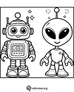 Coloring page featuring a cute robot and alien with stars in the background, perfect for kids' creative activities.