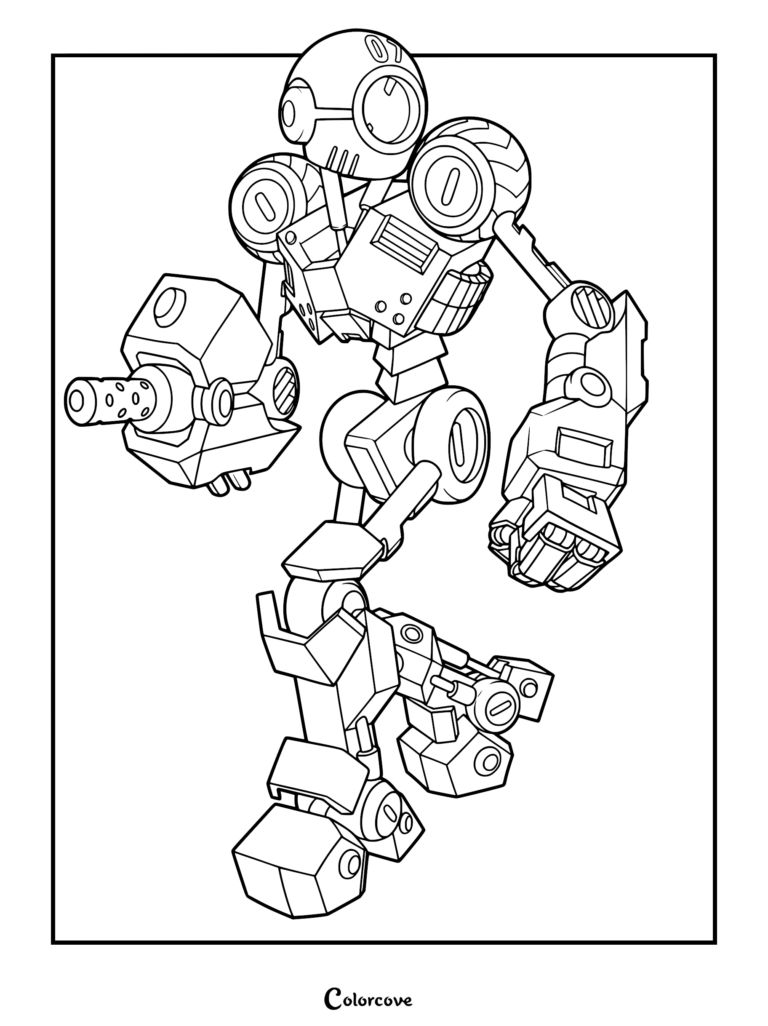 A detailed line art coloring page of a mechanical combat robot with a gatling gun arm and the number 07 on its head.
