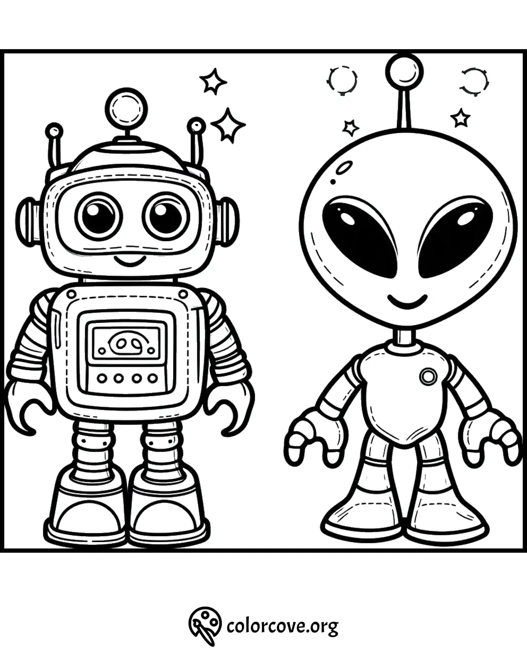 Coloring page featuring a cute robot and alien with stars in the background, perfect for kids' creative activities.