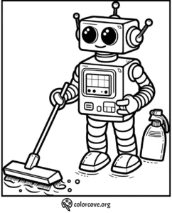 Robot coloring page for kids featuring a cute robot cleaning with a mop and spray bottle. Colorful, fun, printable activity.