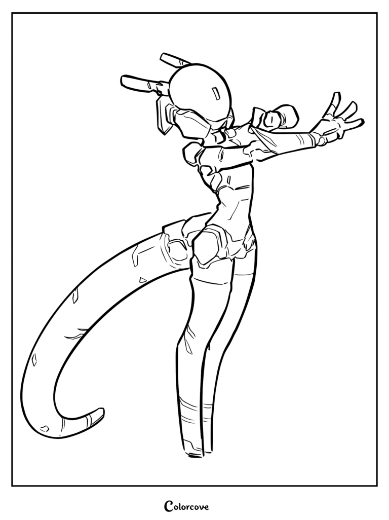 A sleek futuristic robot with a long tail and smooth helmet reaching forward in this printable coloring page.