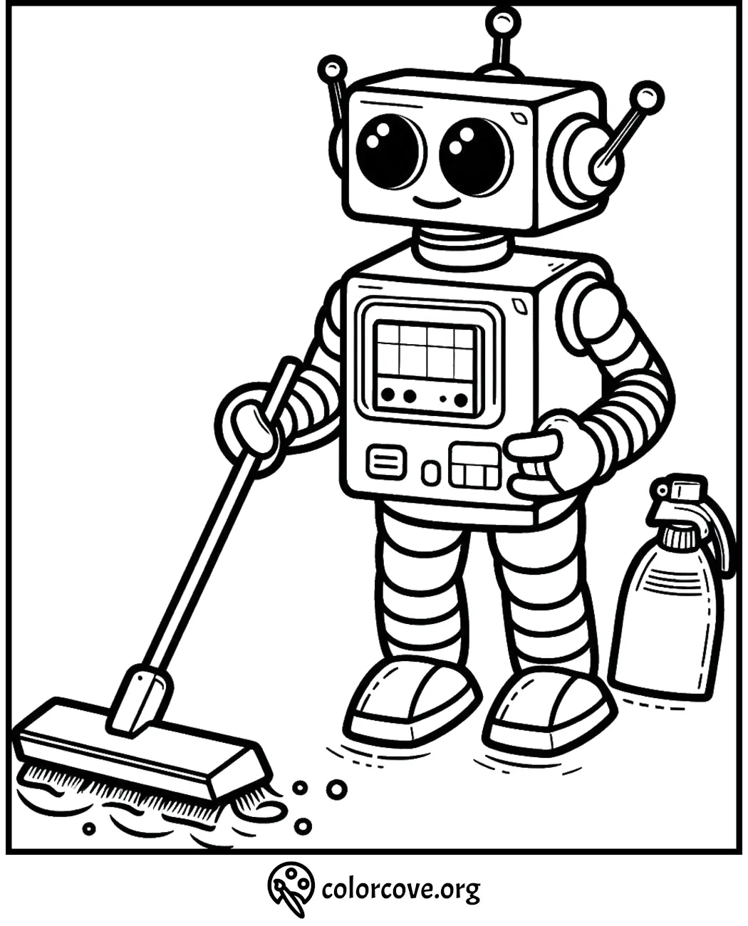 Robot coloring page for kids featuring a cute robot cleaning with a mop and spray bottle. Colorful, fun, printable activity.