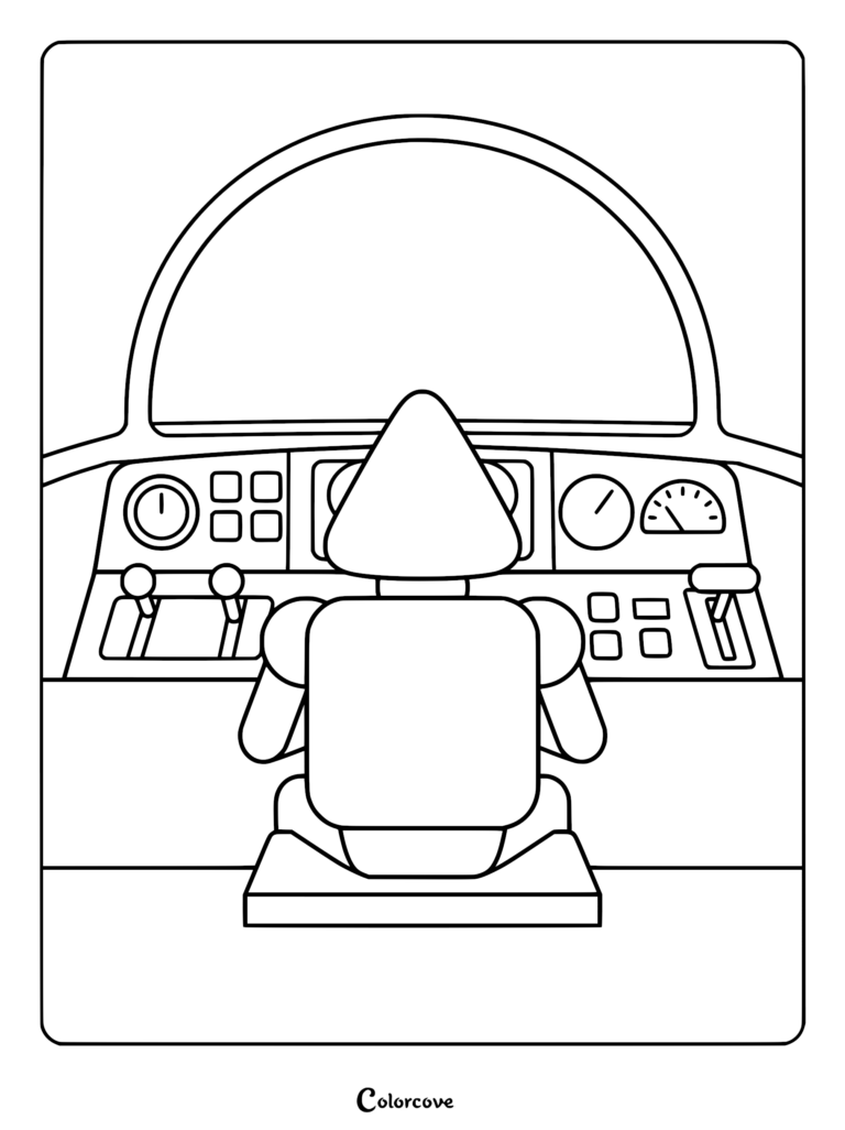 A robot with a triangular head sitting in a spaceship cockpit coloring page, facing a control panel with gauges and levers.
