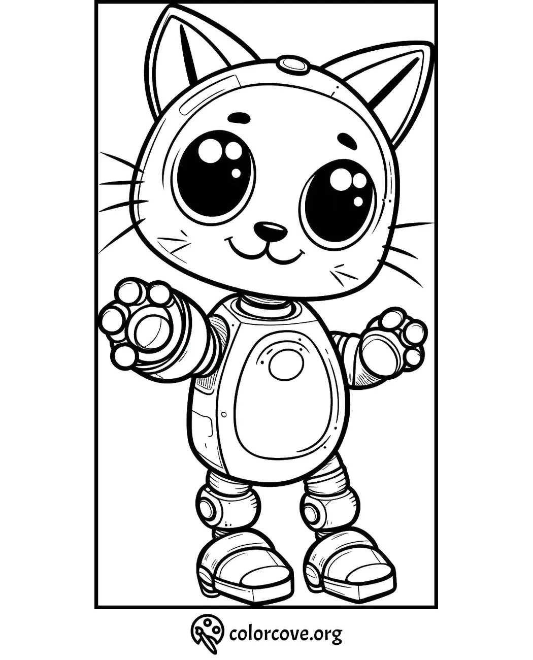 Cute robotic cat coloring page with big eyes and smiling face. Free printable for kids. ColorCove.org