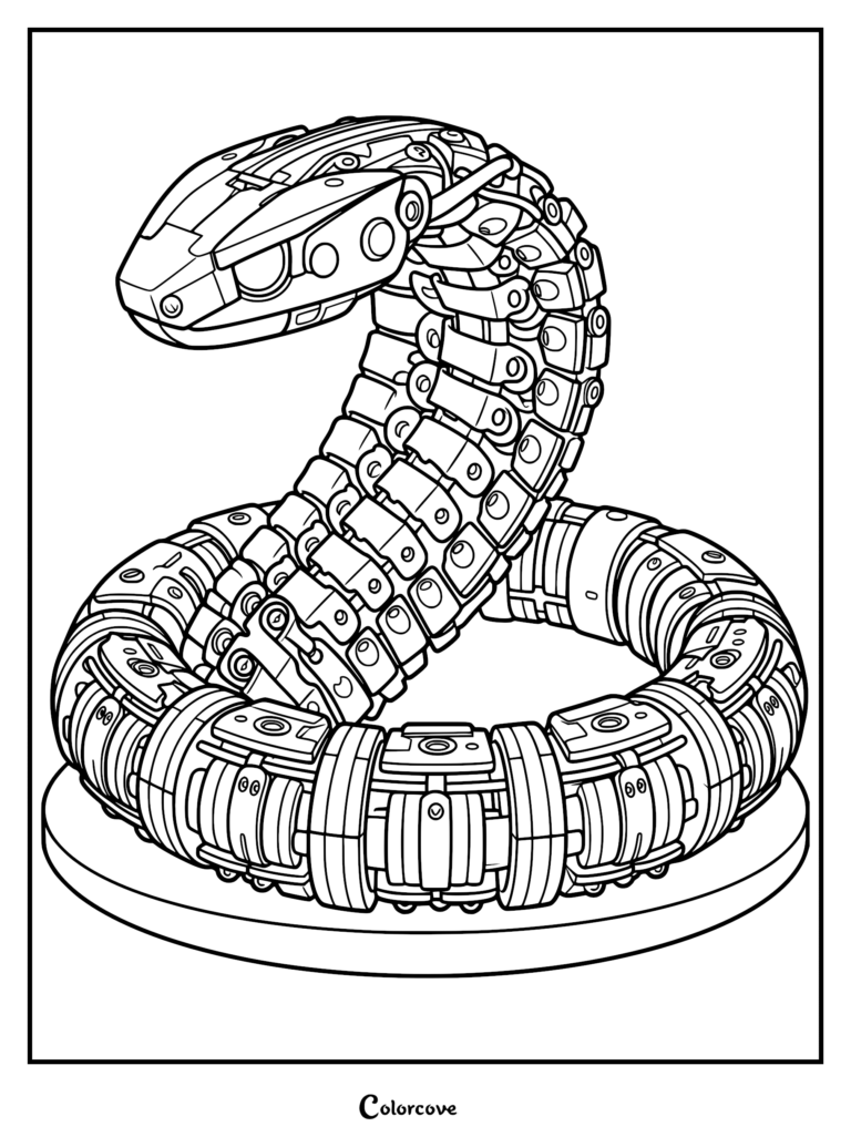 A detailed mechanical robot snake with segmented metallic plates coiled on a circular base in this printable coloring page.