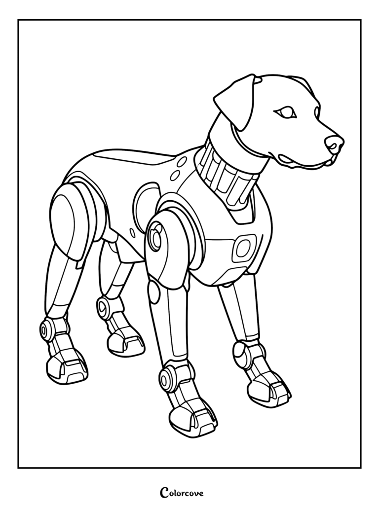 A detailed robot dog coloring page featuring a mechanical canine with articulated joints and a sleek metallic body standing in profile.