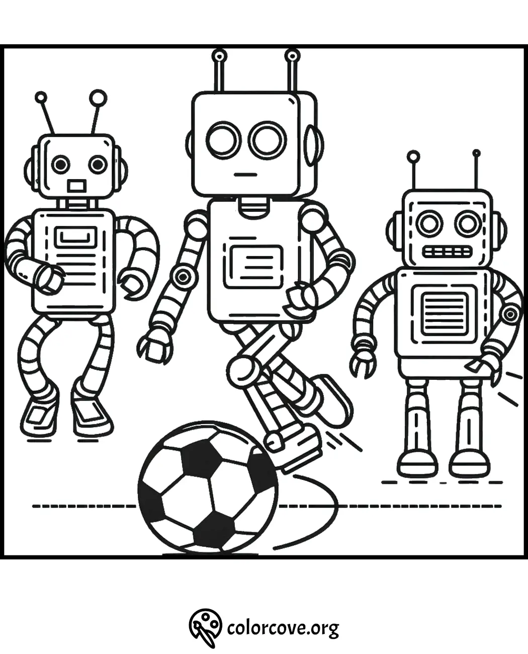 Coloring page featuring three playful robots involved in a soccer game, with one robot kicking a soccer ball.