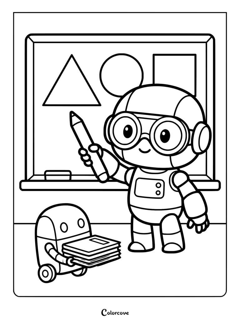 A cute robot teacher pointing at geometric shapes on a chalkboard while a small robot student holds a stack of books in this coloring page.