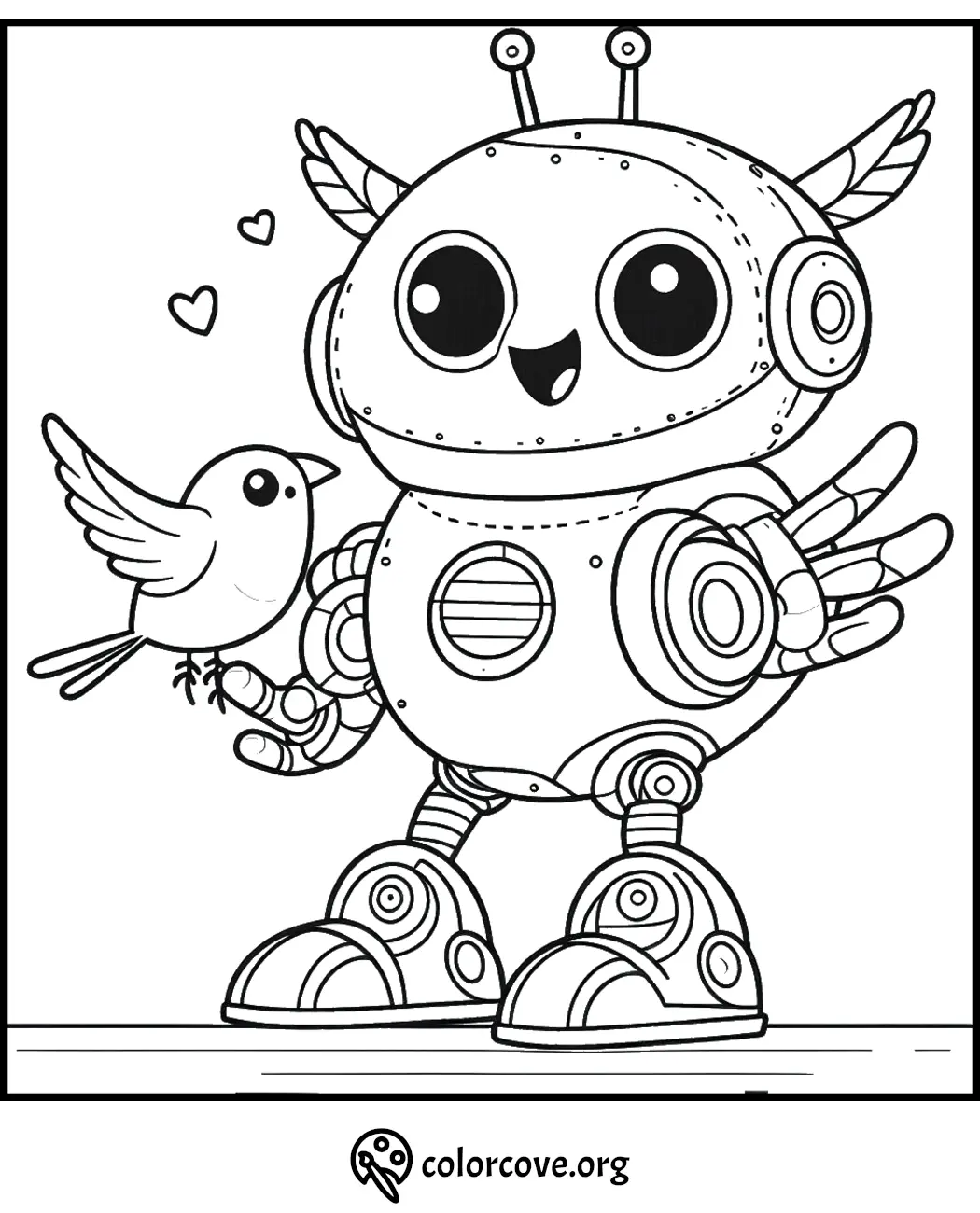 Cute robot coloring page featuring a happy robot holding a bird with hearts, perfect for kids' coloring activities.