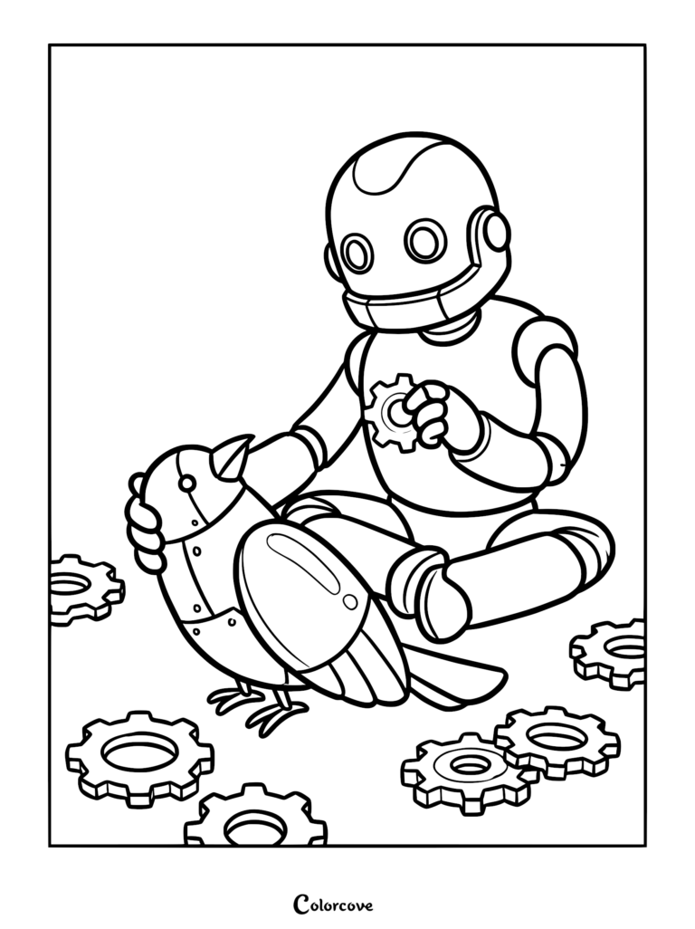 A friendly robot sitting on the floor repairing a mechanical bird surrounded by scattered metal gears in this printable coloring page.