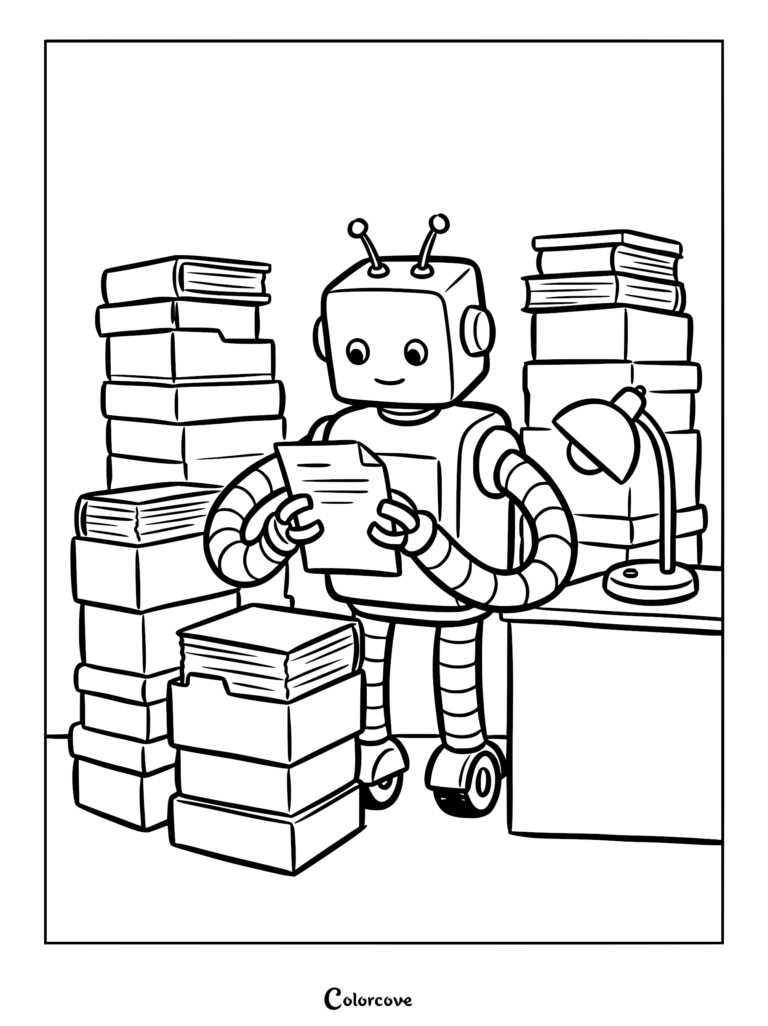 A cute robot with antennas reading a document while standing between tall stacks of books and a desk lamp in this printable coloring page.