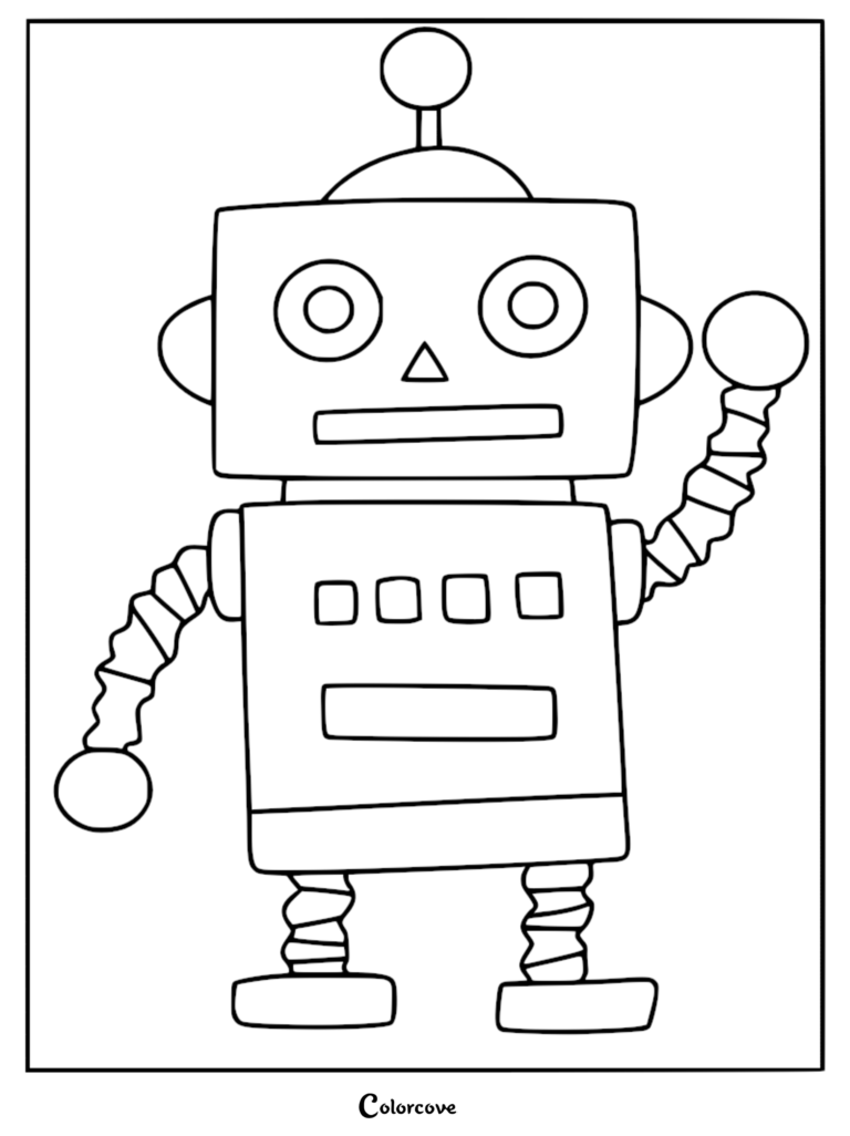 A friendly robot with a square head, antenna, and wavy arms waving hello in this simple line art coloring page.