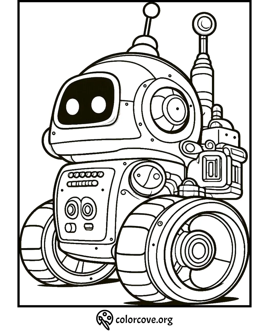 Robot coloring page for kids with a cute, futuristic design and big wheels | Free printable from colorcove.org