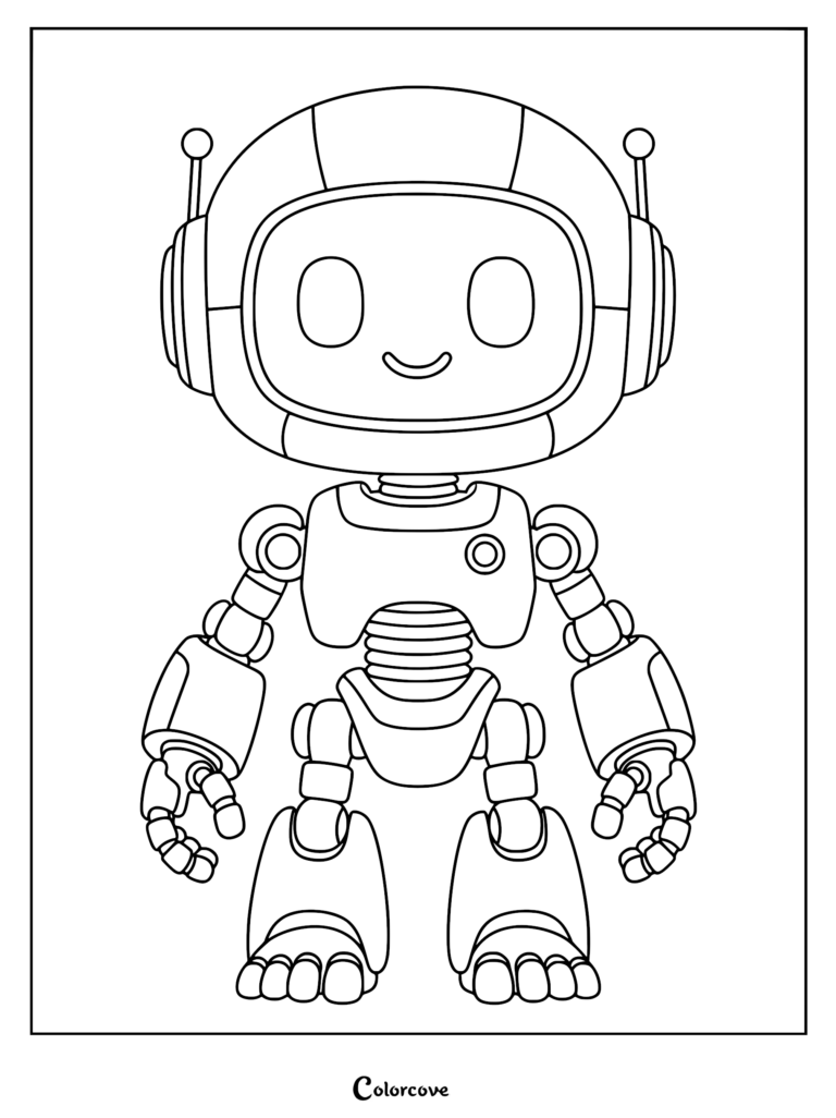 A friendly robot with a large rounded head, antenna, and smiling face on a printable coloring page.