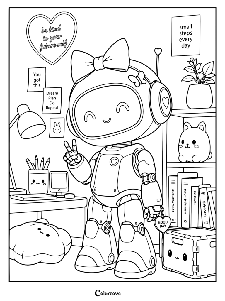 A cute robot girl with a bow on her head making a peace sign in a cozy room, printable coloring page featuring motivational posters and books.