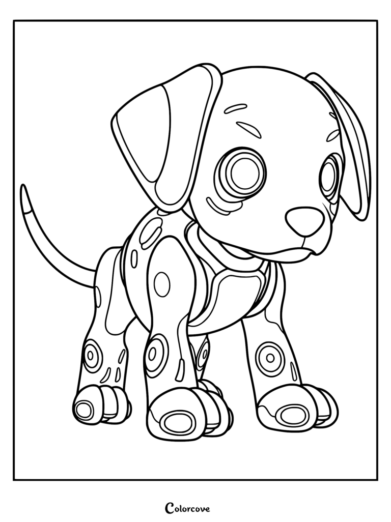 A cute robot puppy with circular joints and mechanical spots on a coloring page.