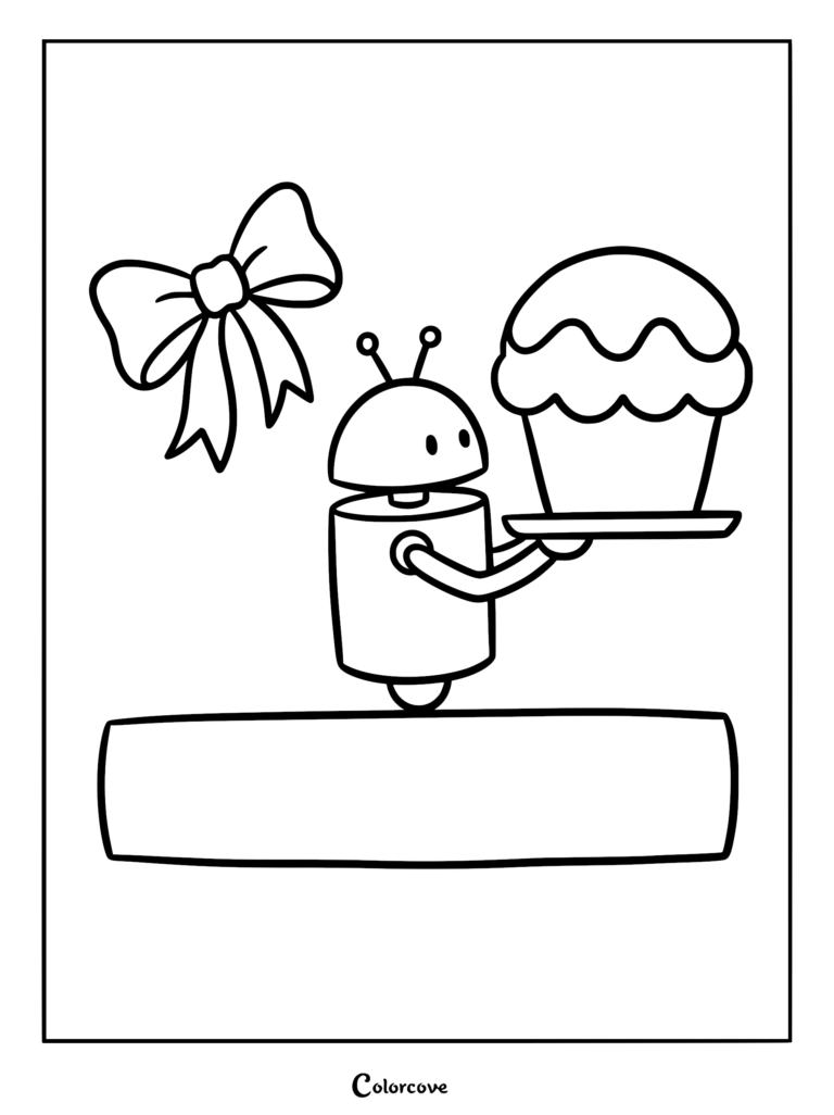 A cute robot with two antennae holding a tray with a large cupcake next to a decorative bow on this printable coloring page.